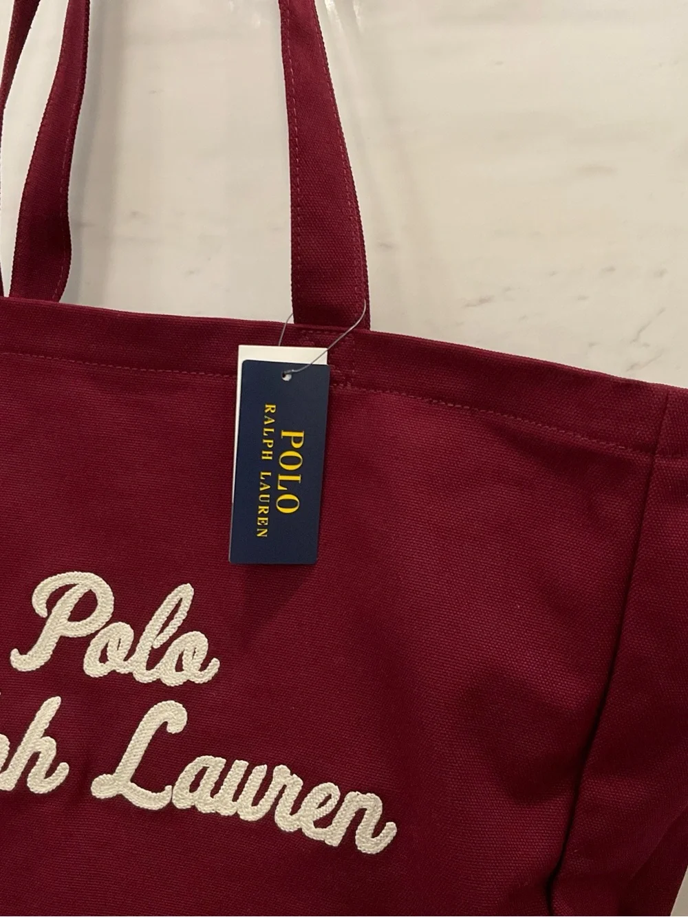 NWT Polo Ralph Lauren BURGUNDY Cotton Chain Stitch Embroidered Canvas Tote Bag